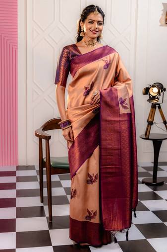 cream wine soft art silk banarasi jacuard work designer party wear saree with unstitched blouse piece