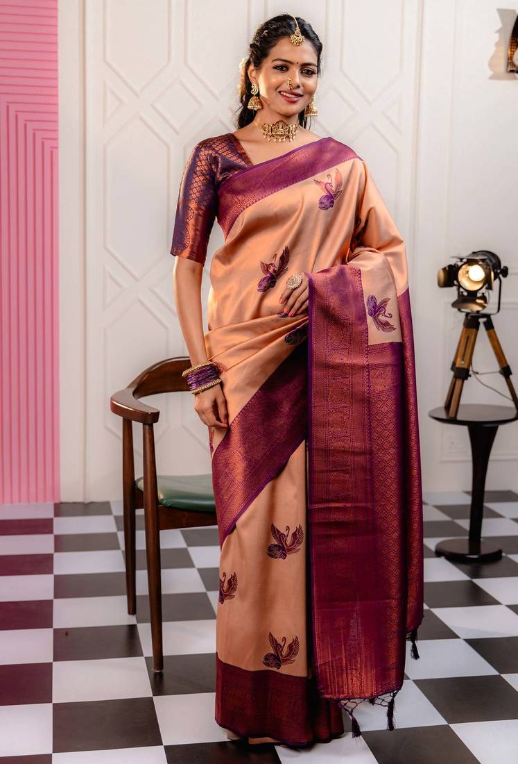 cream wine soft art silk banarasi jacuard work designer party wear saree with unstitched blouse piece