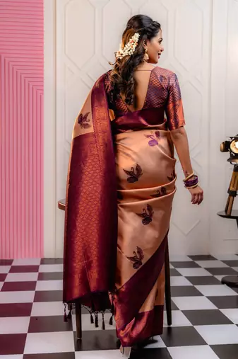 cream wine silk blend banarasi saree with unstitched blouse piece