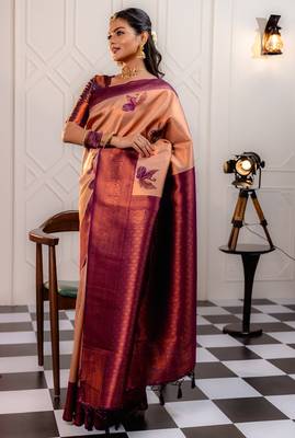 cream wine silk blend banarasi saree with unstitched blouse piece 3