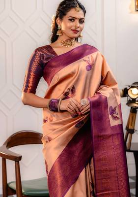 cream wine silk blend banarasi saree with unstitched blouse piece 4