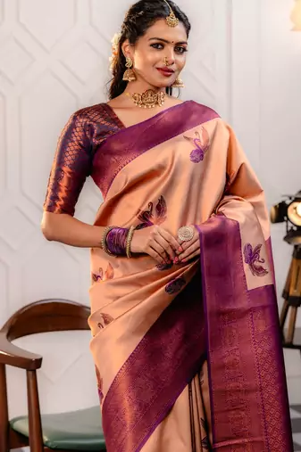 cream wine silk blend banarasi saree with unstitched blouse piece