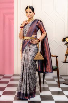 gery silk blend banarasi saree with unstitched blouse piece 2