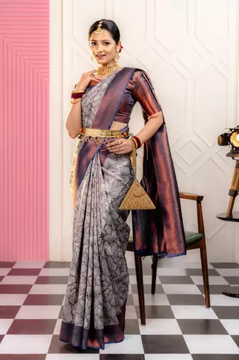 gery silk blend banarasi saree with unstitched blouse piece