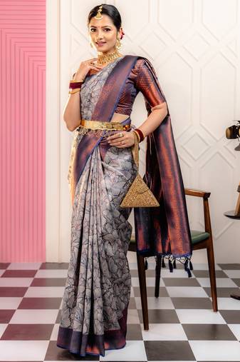 gery soft art silk banarasi jacuard work designer party wear saree with unstitched blouse piece