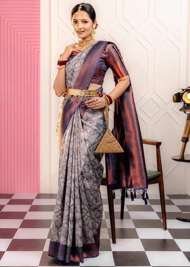 gery soft art silk banarasi jacuard work designer party wear saree with unstitched blouse piece