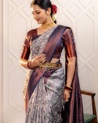 gery silk blend banarasi saree with unstitched blouse piece 1