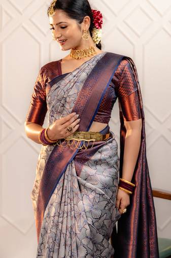 gery soft art silk banarasi jacuard work designer party wear saree with unstitched blouse piece