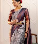 gery soft art silk banarasi jacuard work designer party wear saree with unstitched blouse piece