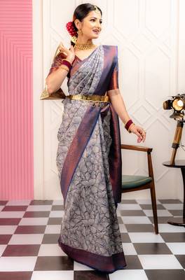 gery silk blend banarasi saree with unstitched blouse piece 4