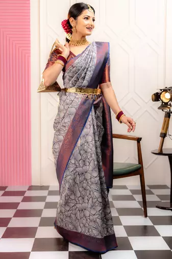 gery silk blend banarasi saree with unstitched blouse piece