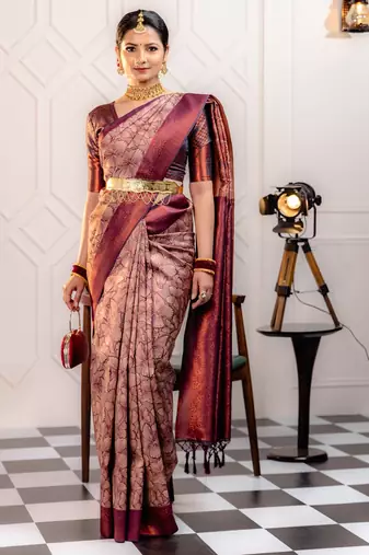 mergenta soft art silk banarasi jacuard work designer party wear saree with unstitched blouse piece
