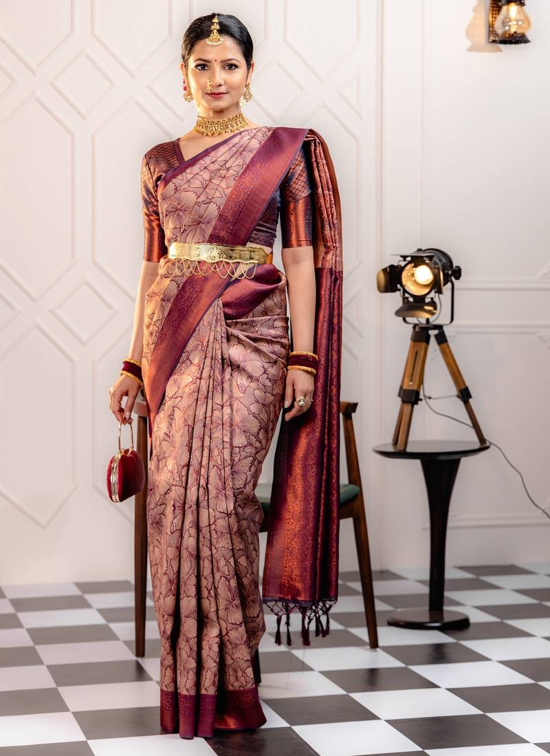 mergenta soft art silk banarasi jacuard work designer party wear saree with unstitched blouse piece