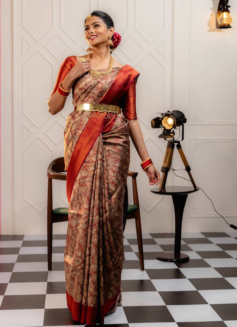 maroon soft art silk banarasi jacuard work designer party wear saree with unstitched blouse piece