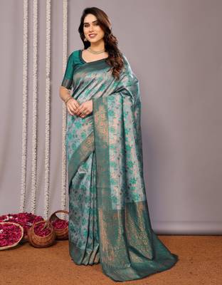 rama green silk blend banarasi saree with unstitched blouse piece 1
