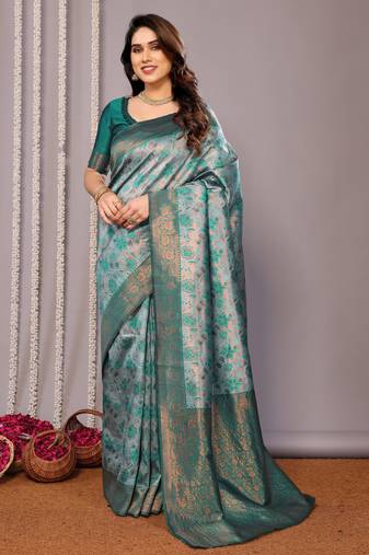 rama green  soft art silk banarasi jacuard work designer party wear saree with unstitched blouse piece
