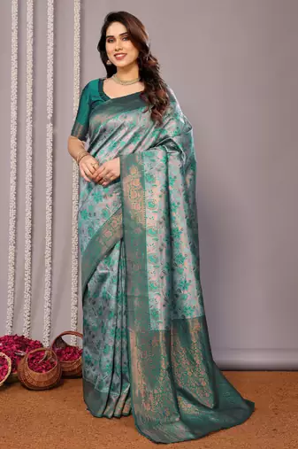 rama green  soft art silk banarasi jacuard work designer party wear saree with unstitched blouse piece