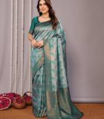 rama green  soft art silk banarasi jacuard work designer party wear saree with unstitched blouse piece