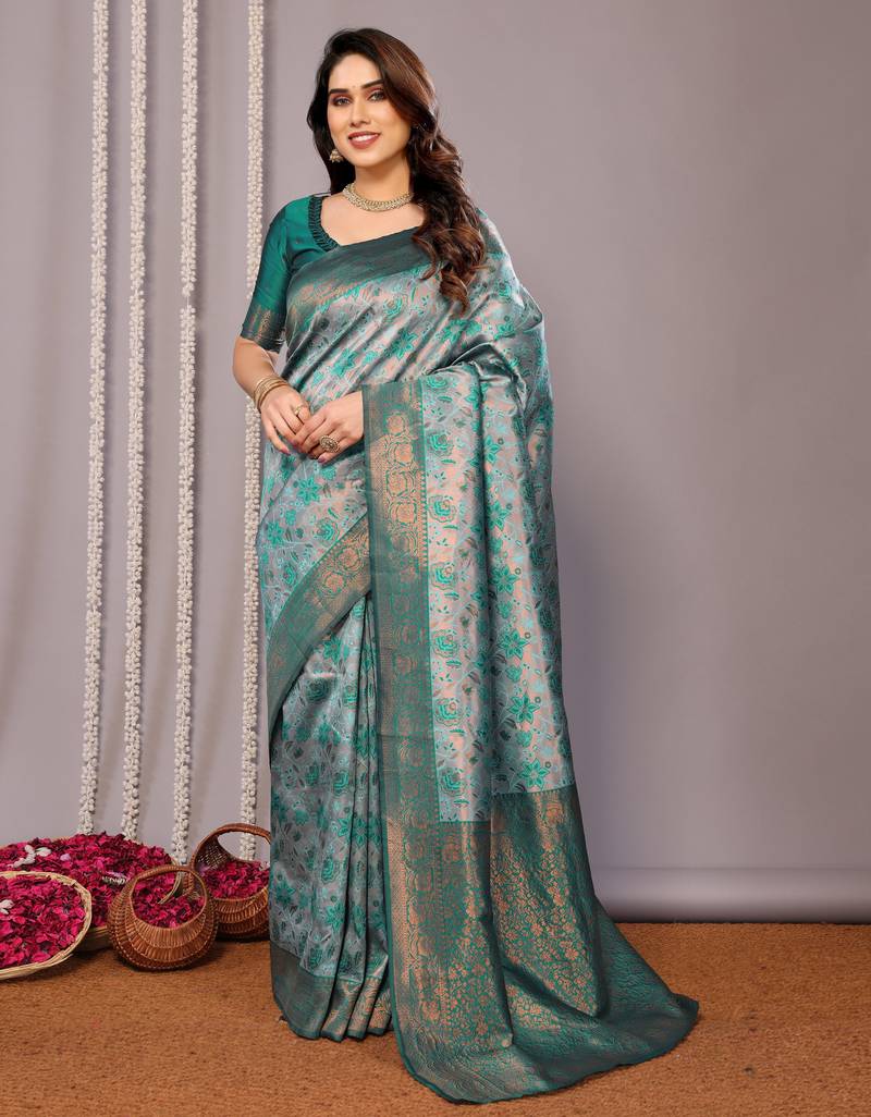 rama green  soft art silk banarasi jacuard work designer party wear saree with unstitched blouse piece