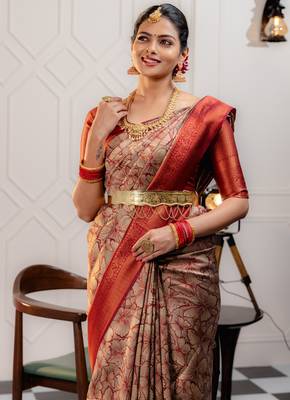 maroon silk blend banarasi saree with unstitched blouse piece 3