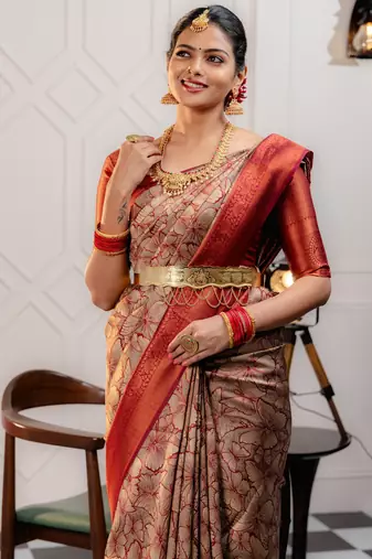 maroon silk blend banarasi saree with unstitched blouse piece