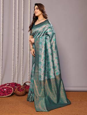rama green silk blend banarasi saree with unstitched blouse piece 2