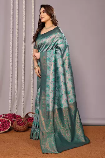 rama green silk blend banarasi saree with unstitched blouse piece