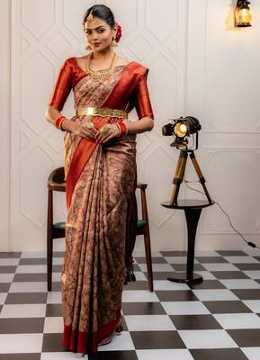 maroon silk blend banarasi saree with unstitched blouse piece 4