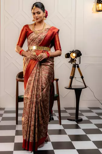 maroon silk blend banarasi saree with unstitched blouse piece