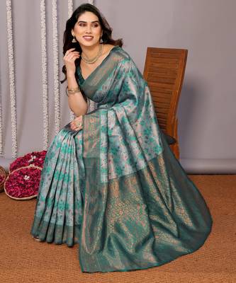 rama green silk blend banarasi saree with unstitched blouse piece 3