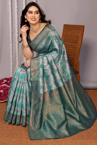 rama green silk blend banarasi saree with unstitched blouse piece