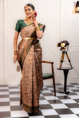 peach silk blend banarasi saree with unstitched blouse piece 1