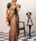 peach soft art silk banarasi jacuard work designer party wear saree with unstitched blouse piece