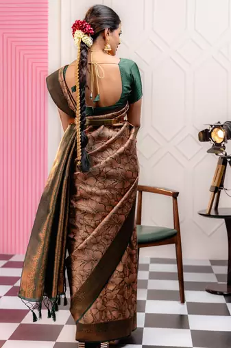 peach silk blend banarasi saree with unstitched blouse piece