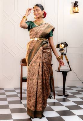 peach silk blend banarasi saree with unstitched blouse piece 3