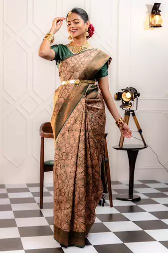 peach silk blend banarasi saree with unstitched blouse piece