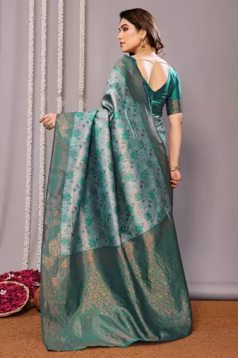 rama green silk blend banarasi saree with unstitched blouse piece