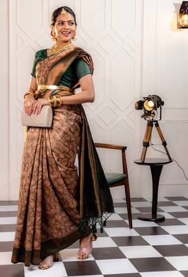 peach silk blend banarasi saree with unstitched blouse piece 4