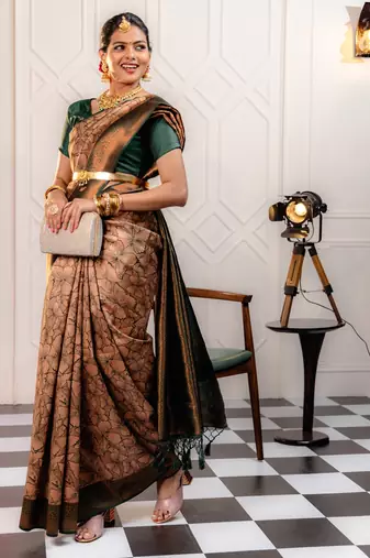 peach silk blend banarasi saree with unstitched blouse piece