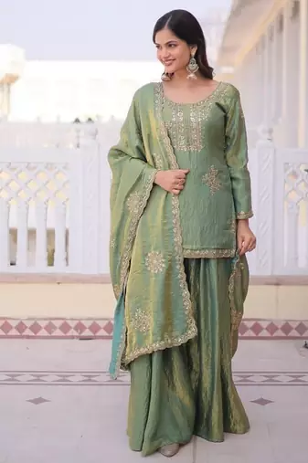 olive green fendi crush embroidered kurta sharara set