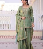 Olive green fendi crush embroidered kurta sharara set with dupatta