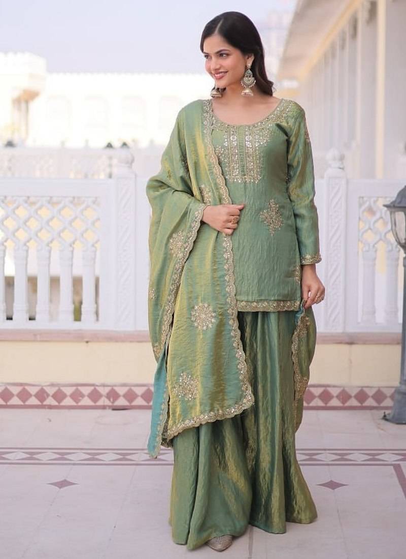 Olive green fendi crush embroidered kurta sharara set with dupatta