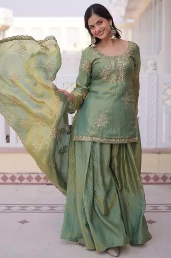 olive green fendi crush embroidered kurta sharara set