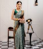 pista soft art silk banarasi jacuard work designer party wear saree with unstitched blouse piece