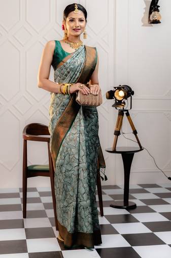 pista soft art silk banarasi jacuard work designer party wear saree with unstitched blouse piece