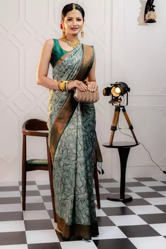 pista soft art silk banarasi jacuard work designer party wear saree with unstitched blouse piece