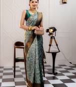 pista soft art silk banarasi jacuard work designer party wear saree with unstitched blouse piece