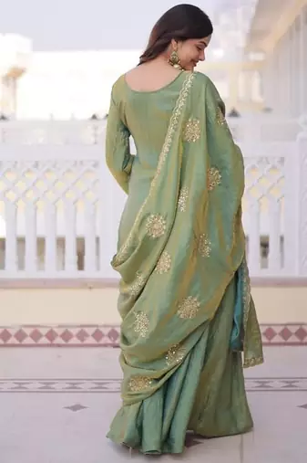 olive green fendi crush embroidered kurta sharara set
