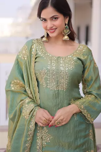 olive green fendi crush embroidered kurta sharara set