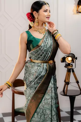 pista silk blend banarasi saree with unstitched blouse piece